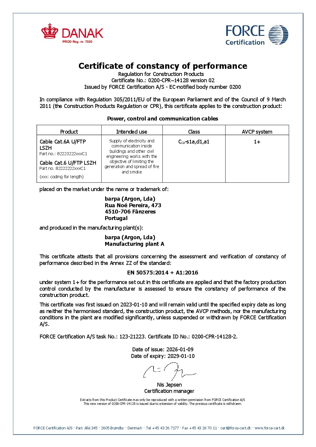 Cable Cat.6 U/FTP LSZH – 23AWG - Certificate of Constancy Performance