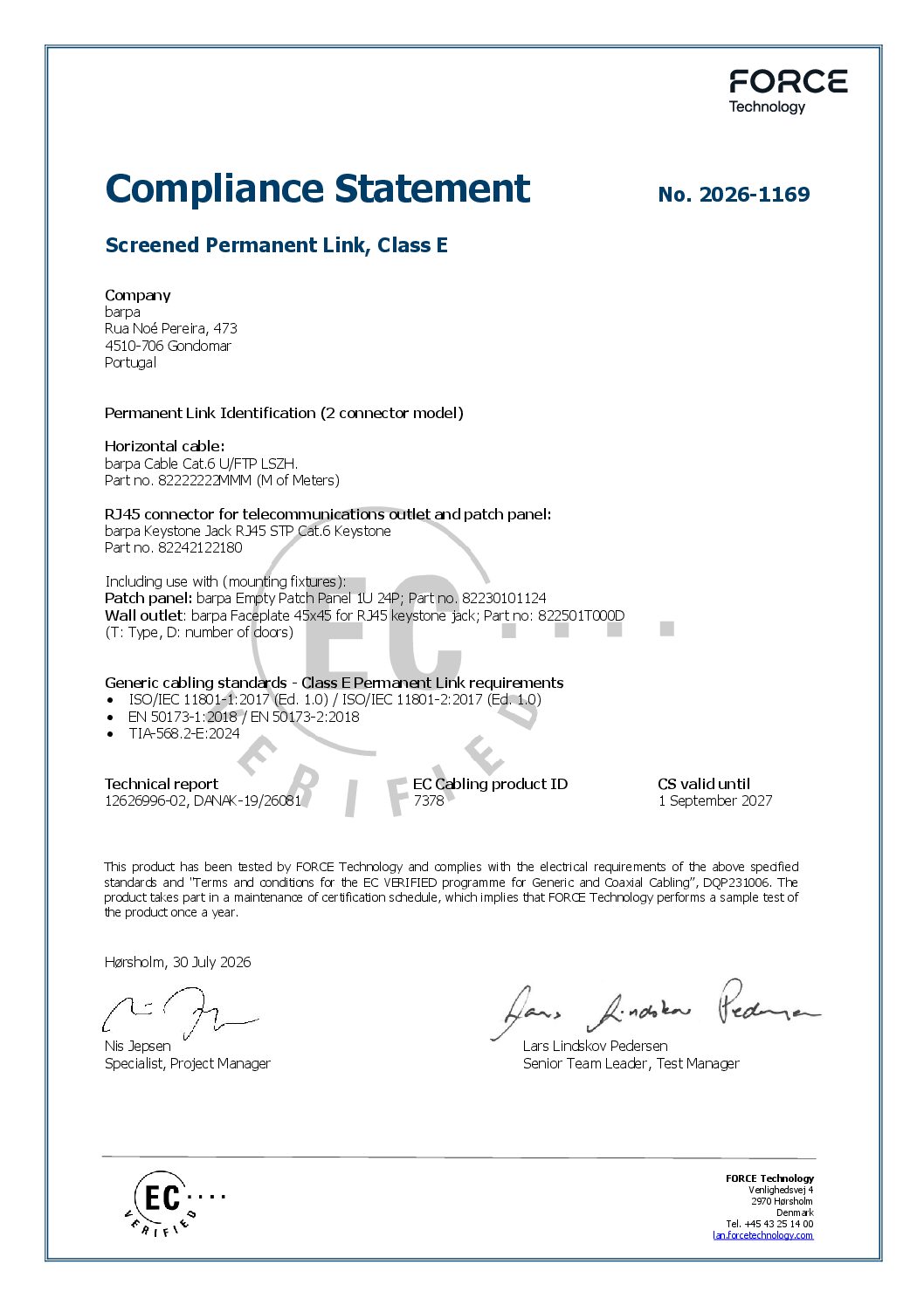 Keystone – RJ45 Cat.6 – STP – 1.0 - Compliance Statement