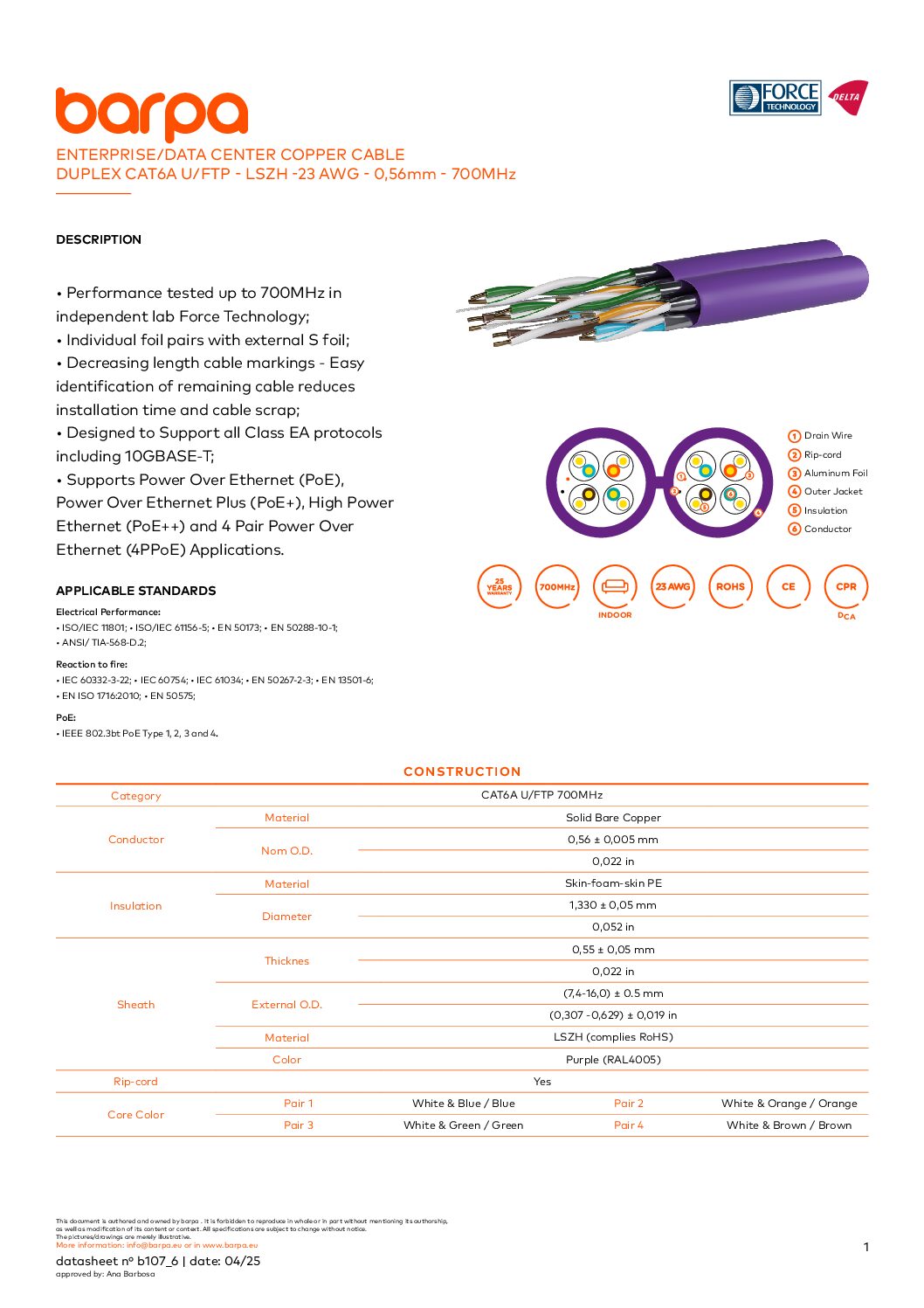 Cable Cat.6A U/FTP LSZH Duplex – 23AWG – 700 MHz - Datasheet