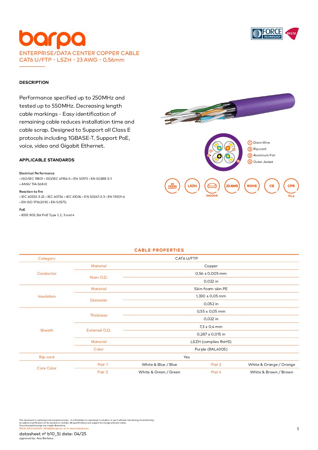 Cable Cat.6 U/FTP LSZH – 23AWG - Datasheet