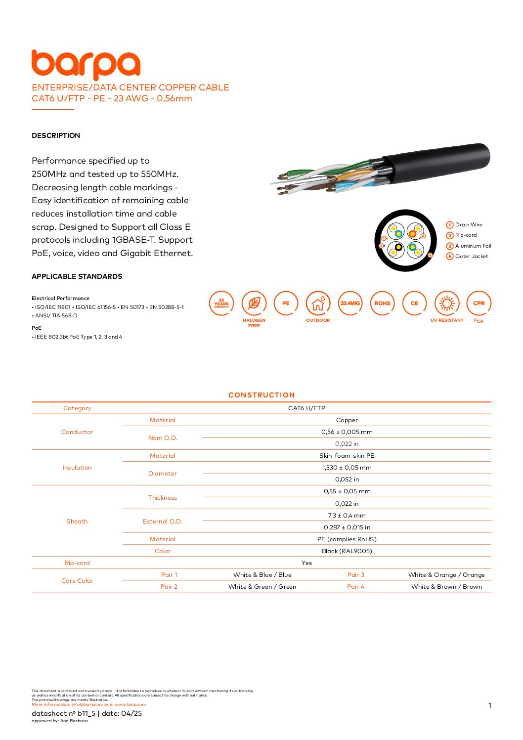Cable Cat.6 U/FTP PE – 23AWG - Datasheet