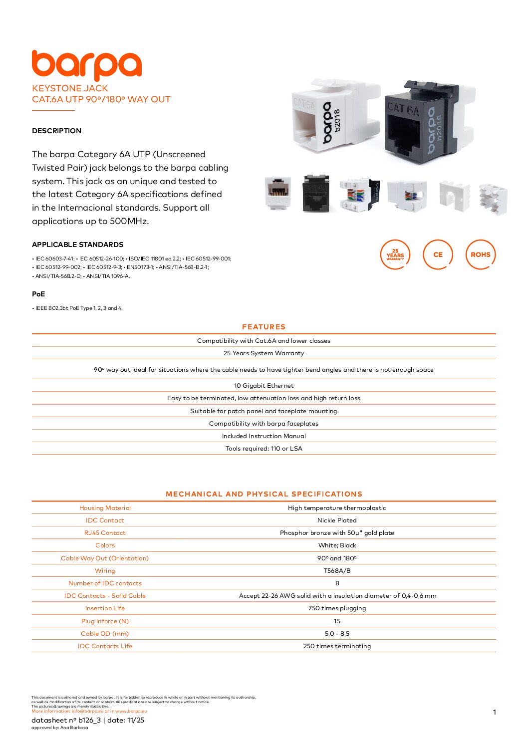Keystone – RJ45 Cat.6A 90º / 180 º – UTP – 1.0 - Datasheet