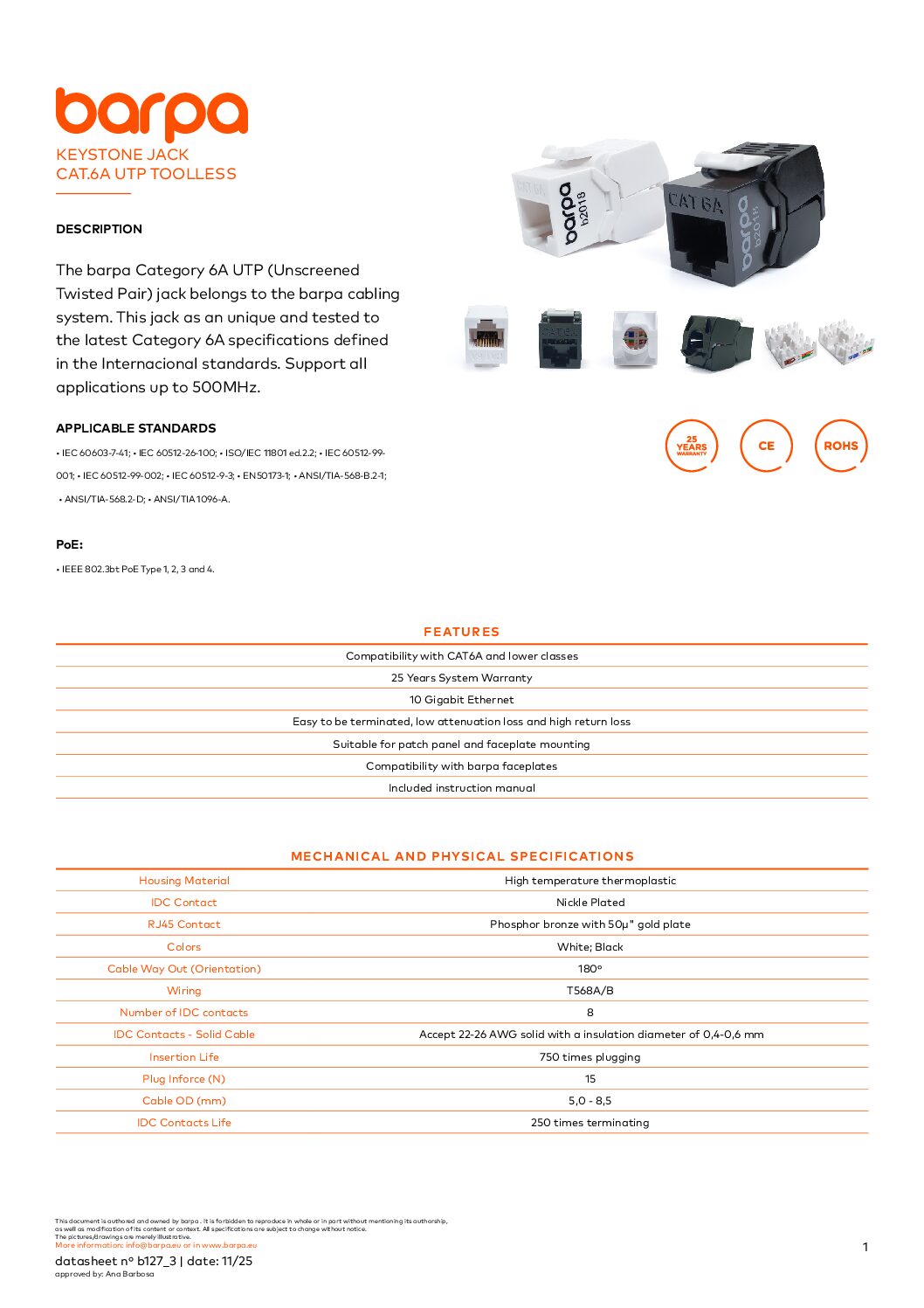 Keystone – RJ45 Cat.6A – UTP – 1.0 - Datasheet