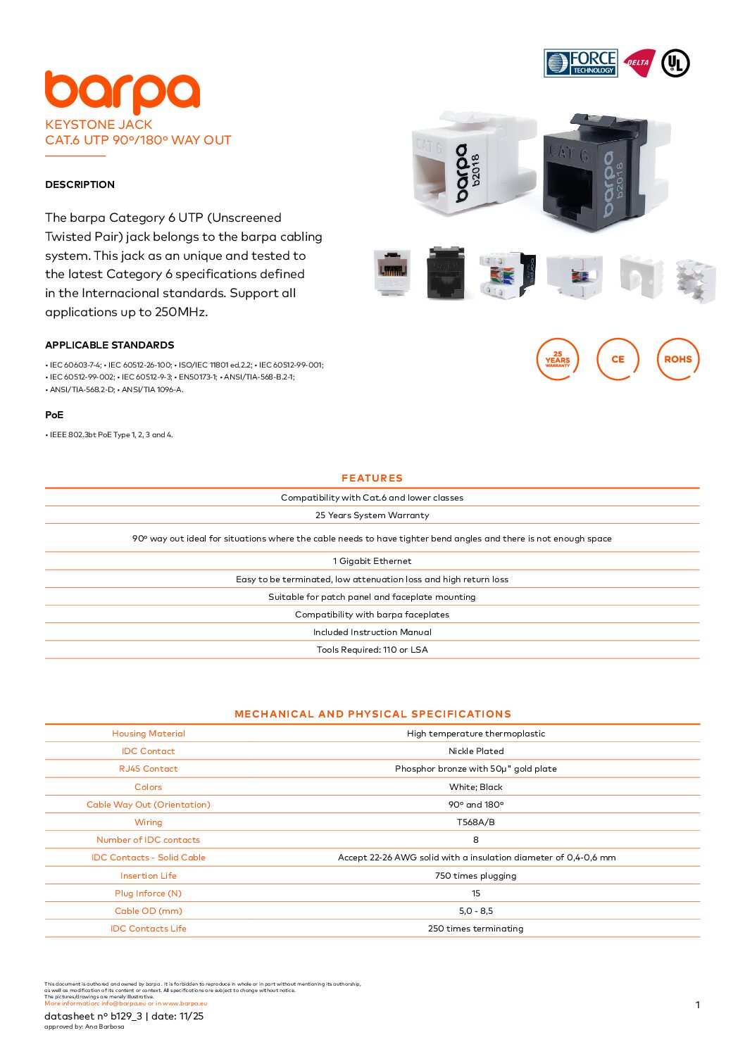 Keystone – RJ45 Cat.6 – 90º/180º – UTP – 1.0 - Datasheet