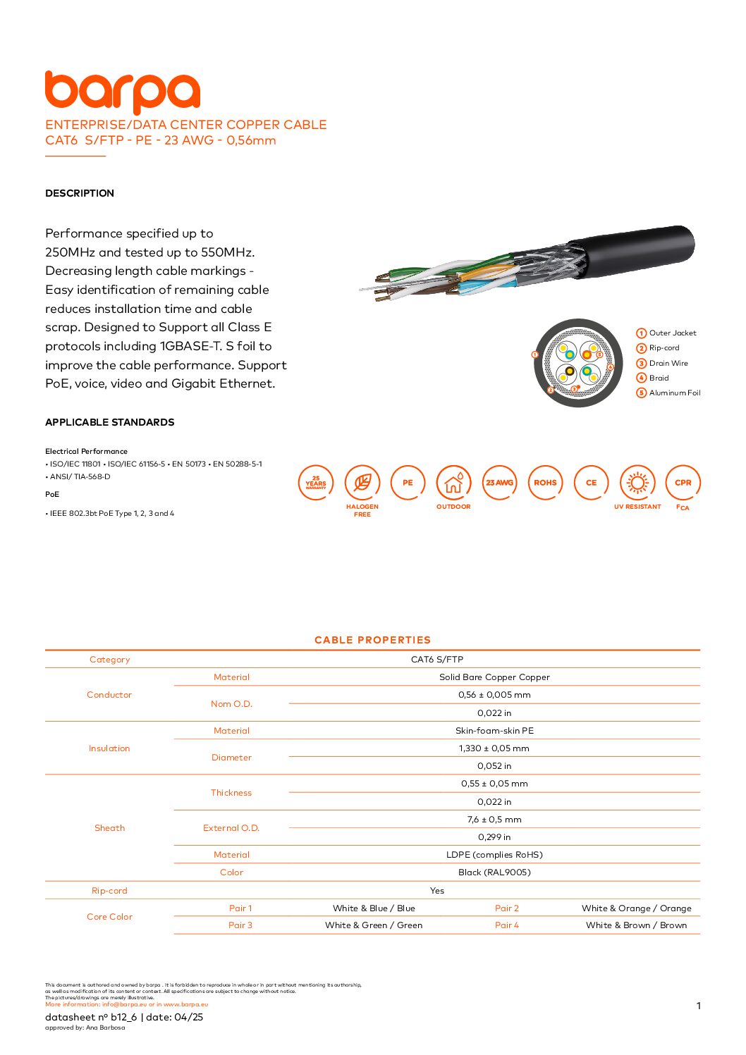 Cable Cat.6 S/FTP PE – 23AWG - Datasheet
