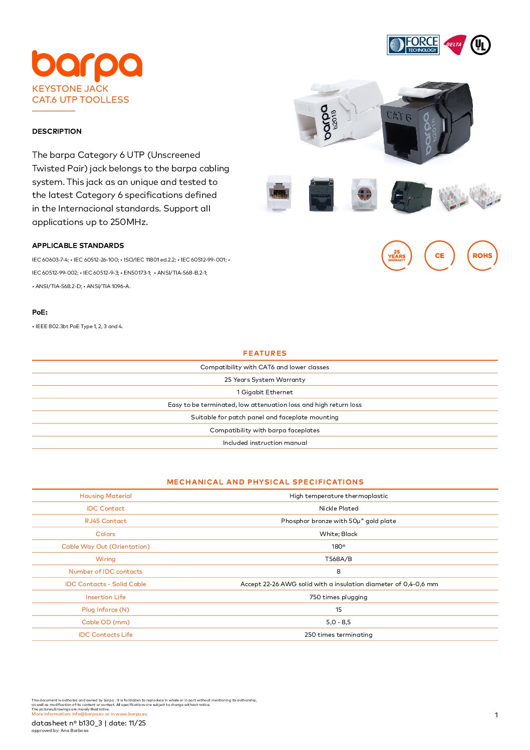 Keystone – RJ45 Cat.6 – UTP – 1.0 - Datasheet