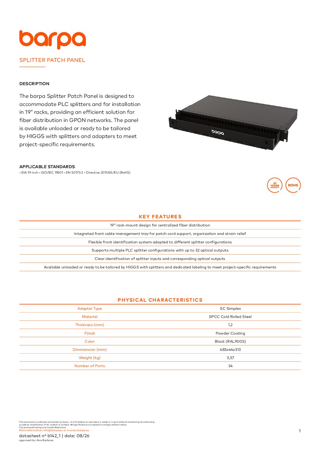 Splitter Patch Panel - Datasheet