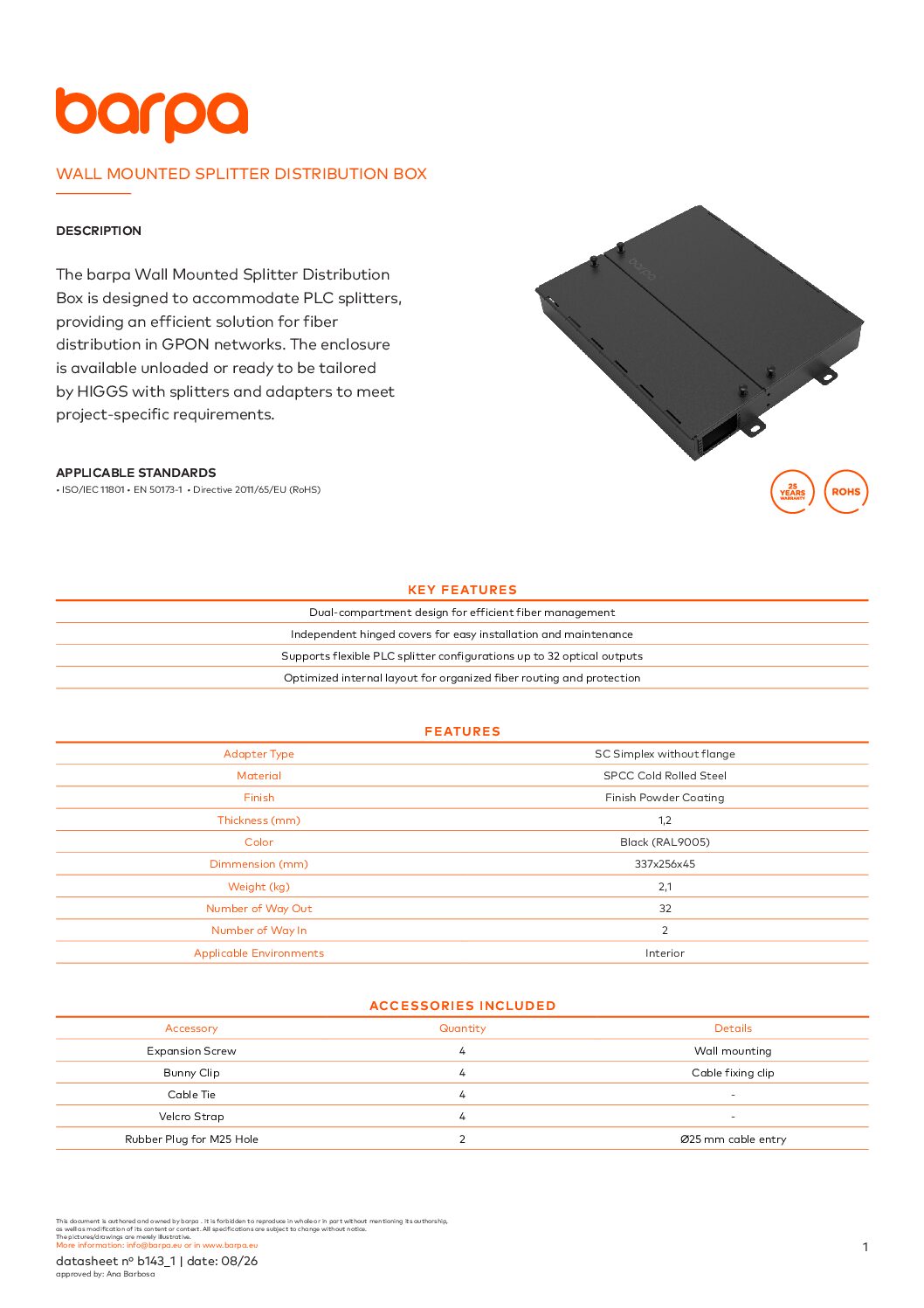 Wall Mounted Splitter Distribution Box - Datasheet