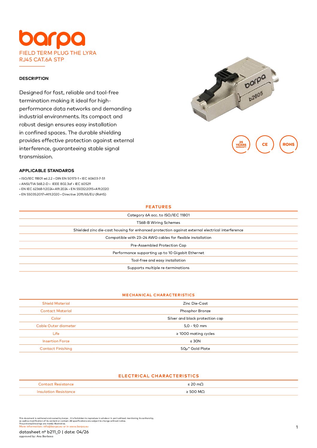 Field Term Plug The Lyra RJ45 Cat.6A STP - Datasheet