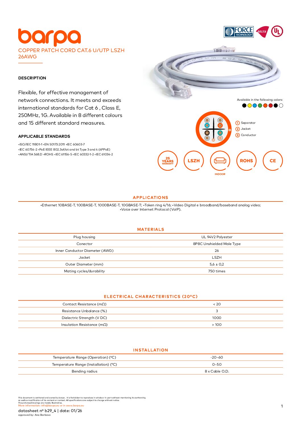 Patch Cord Cat.6 U/UTP – LSZH - Datasheet