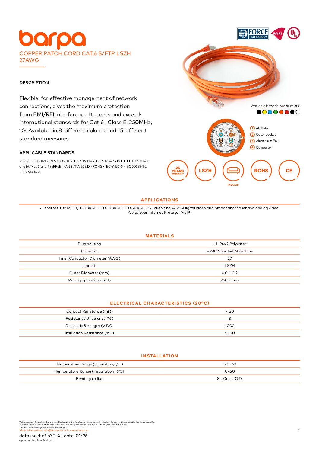Patch Cord Cat.6 S/FTP – LSZH - Datasheet