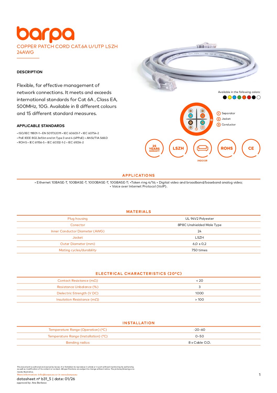 Patch Cord Cat.6A U/UTP – LSZH - Datasheet