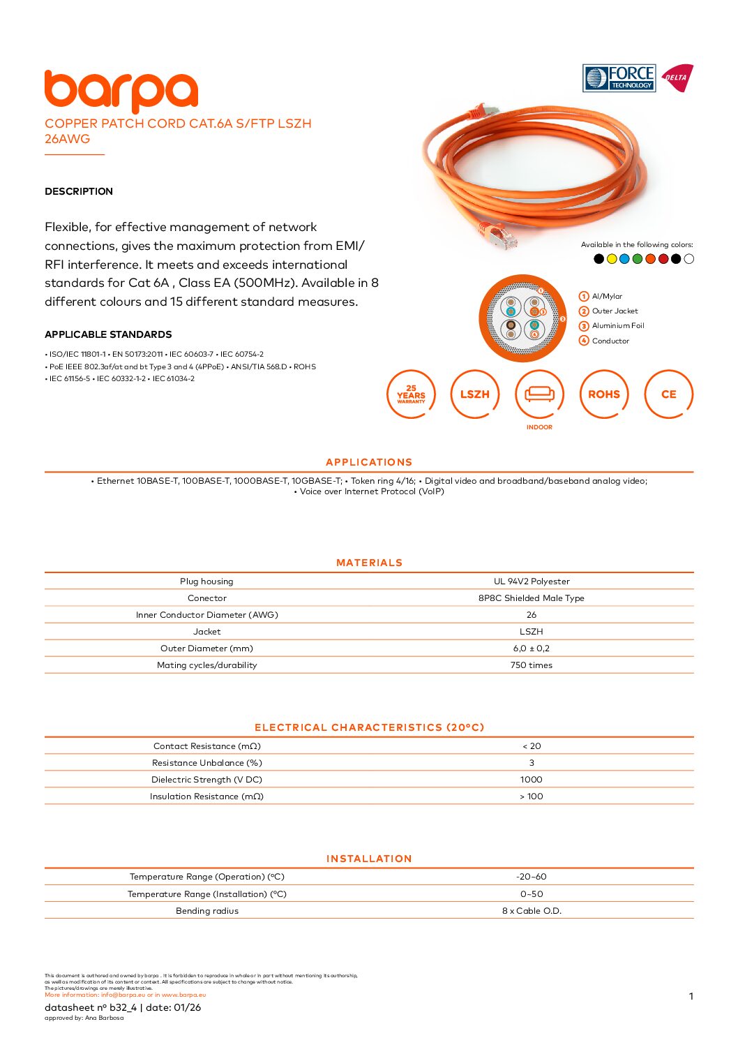 Patch Cord Cat.6A S/FTP – LSZH - Datasheet