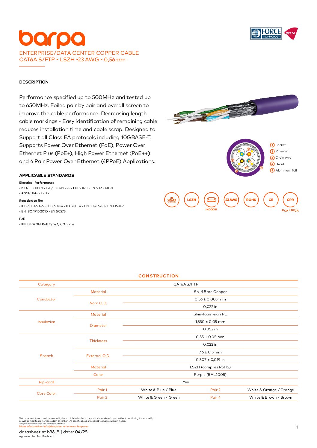 Cable Cat.6A S/FTP LSZH – 23AWG - Datasheet