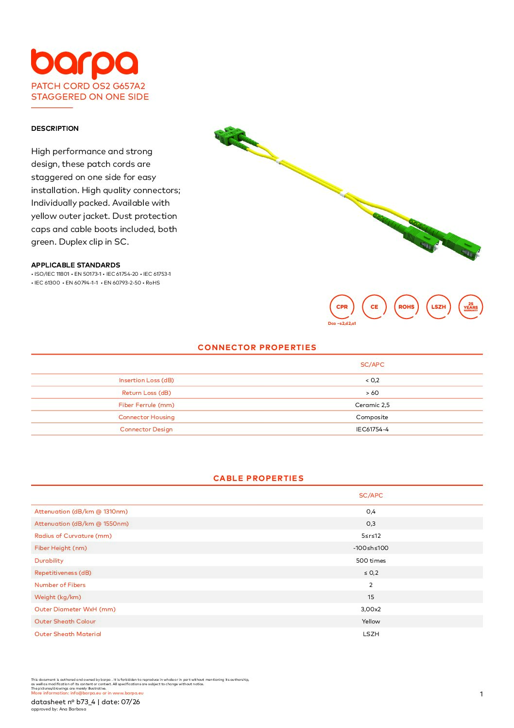 Patch Cord OS2 G657A2 Staggered - Datasheet
