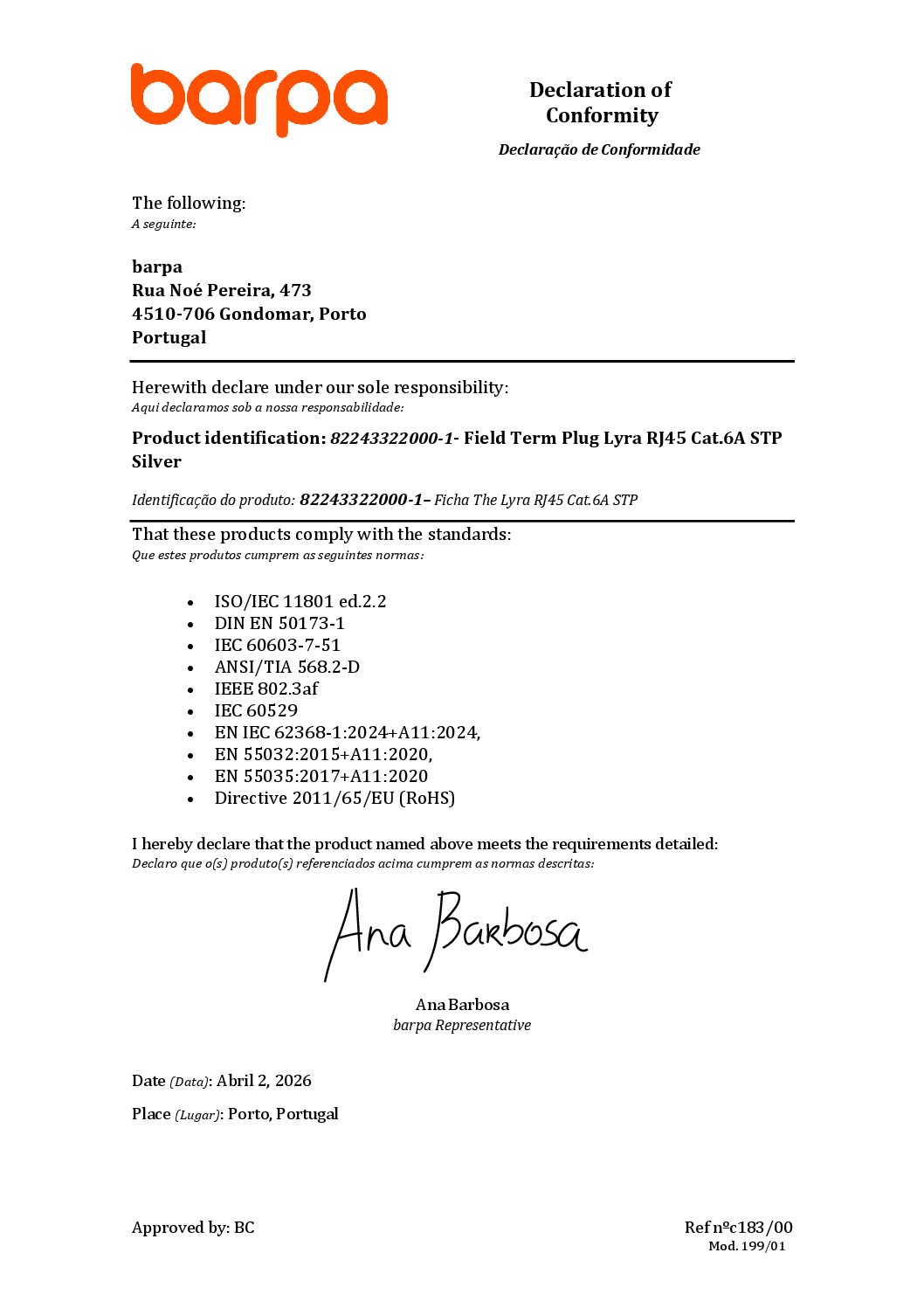 Field Term Plug The Lyra RJ45 Cat.6A STP - Declaration of Conformity
