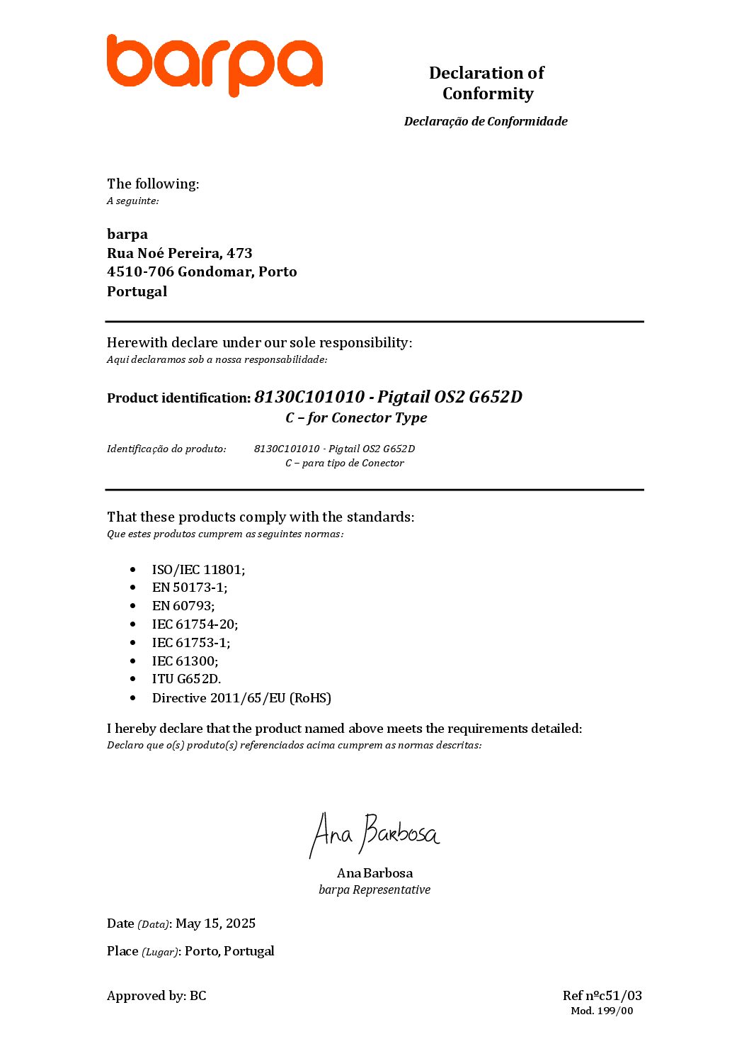 Pigtail OS2 G652D - Declaration of Conformity