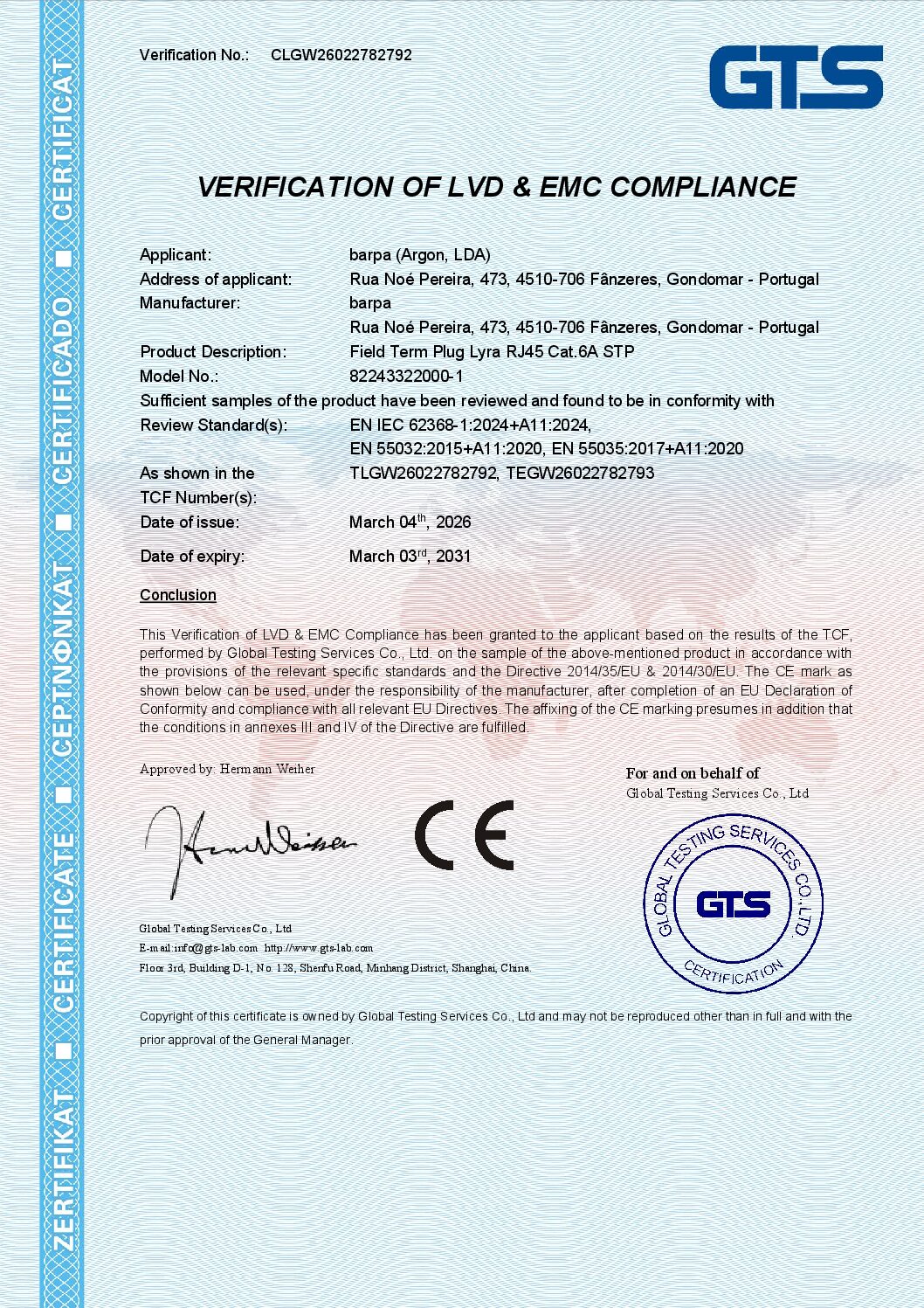 Field Term Plug The Lyra RJ45 Cat.6A STP - Verification of EMC & LVD compliance