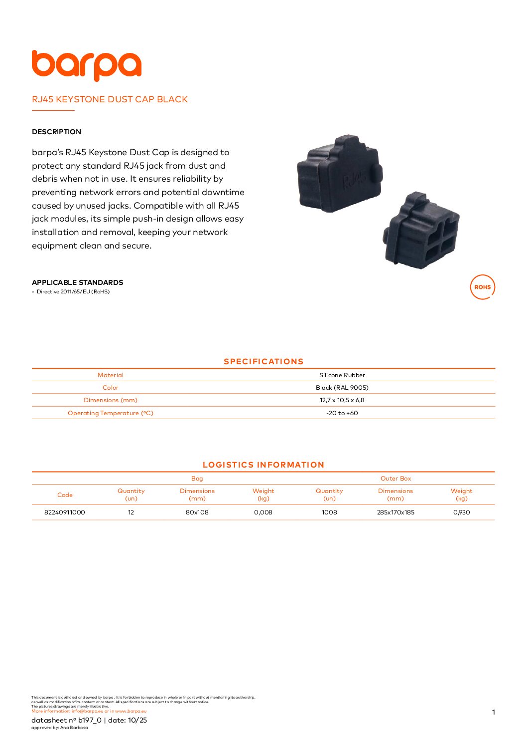 Keystone Dust Cap Black – RJ45 – Datasheet