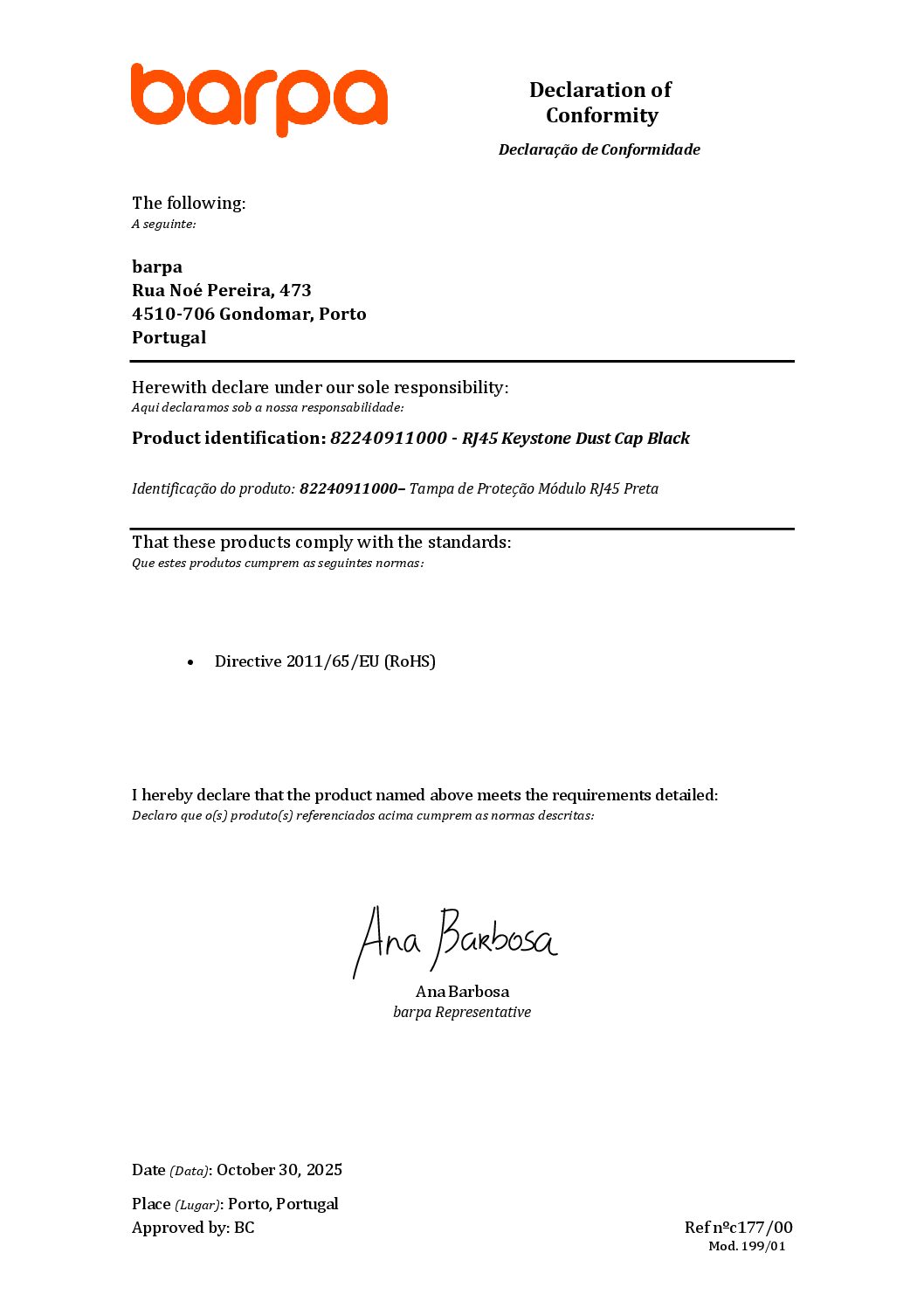 Keystone Dust Cap Black – RJ45 – Declaration of Conformity