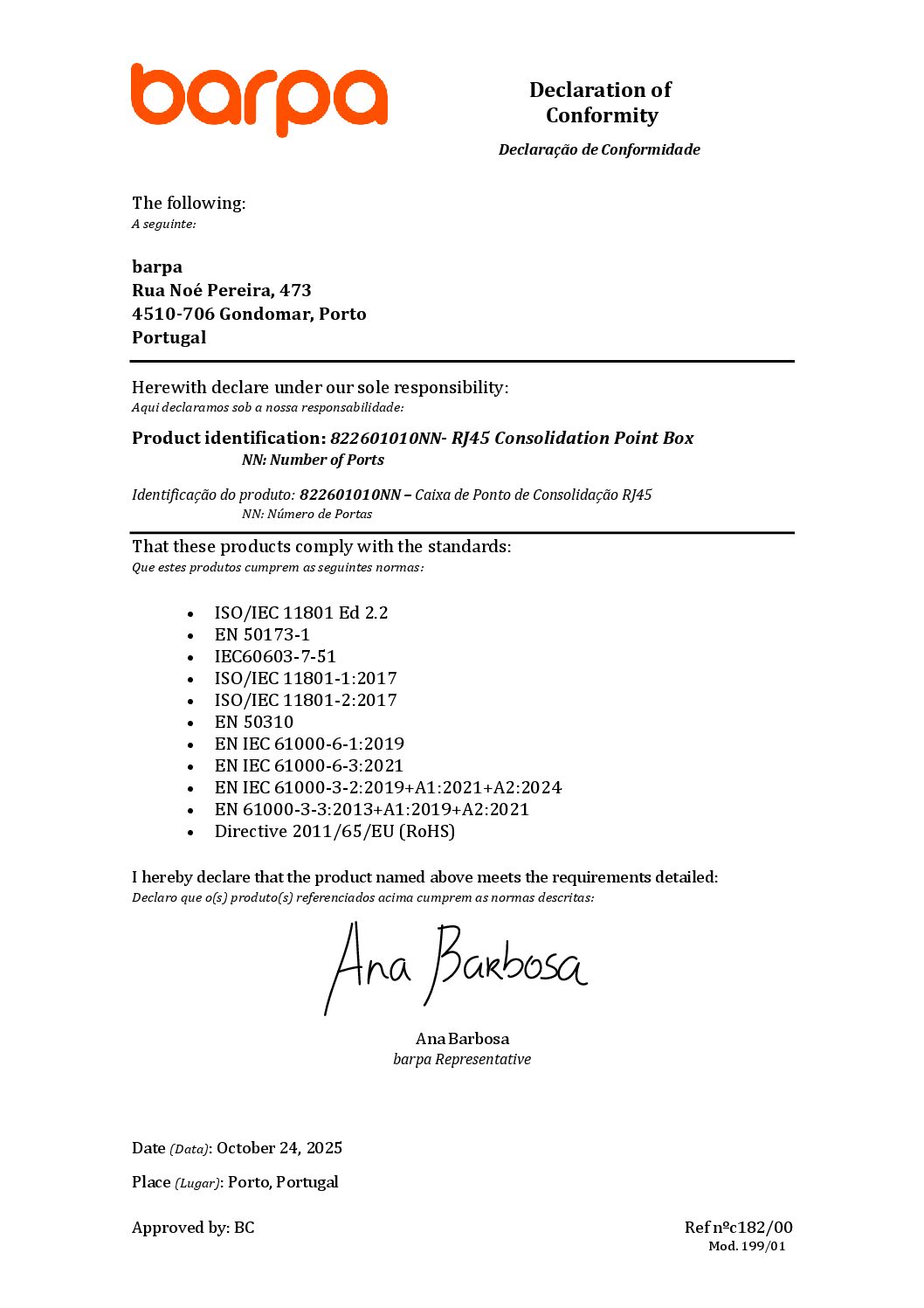 Consolidation Point Box – RJ45 – Declaration of Conformity