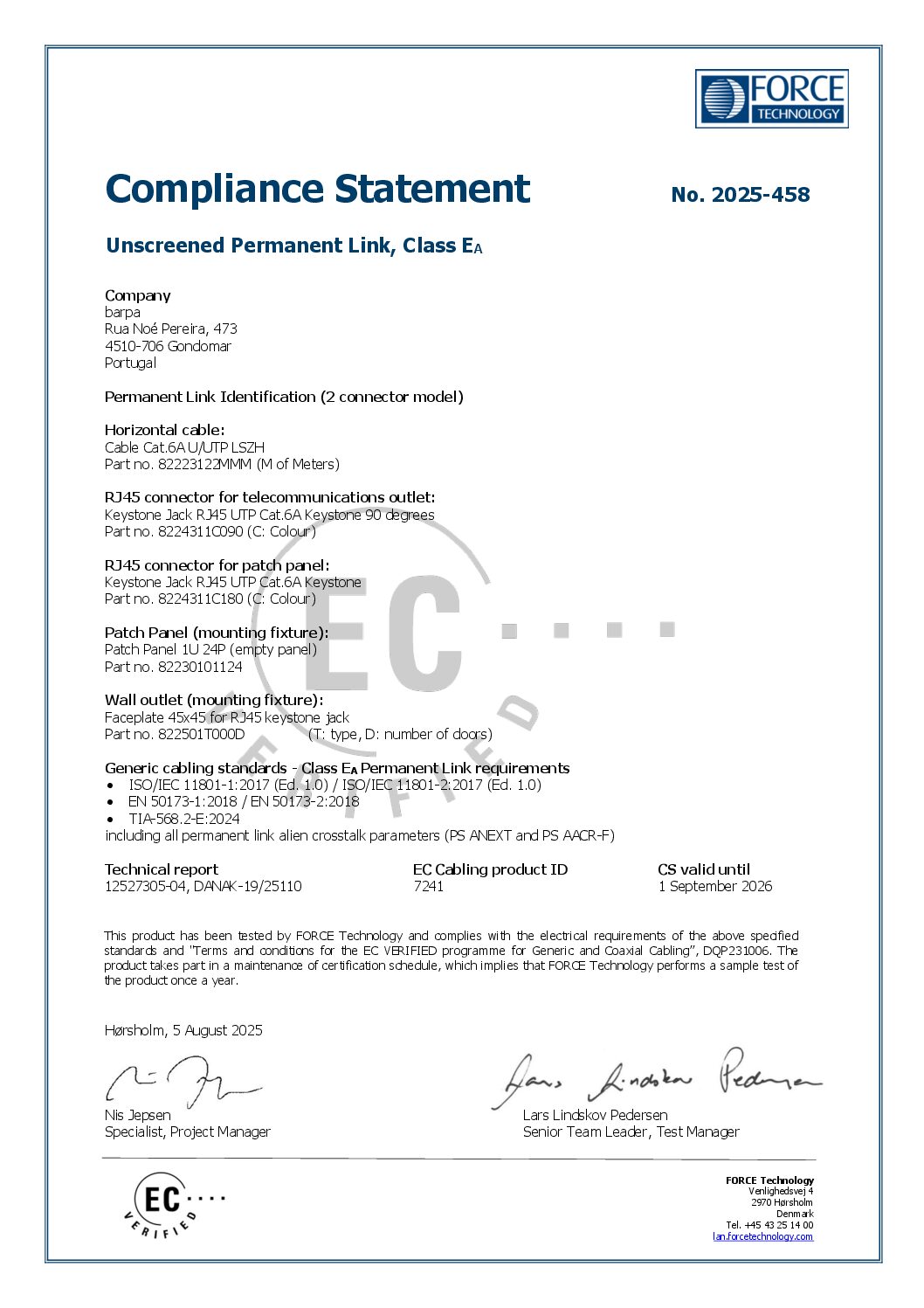 Cable Cat.6A U/UTP – LSZH – 23AWG - Attestation of Conformity Dca