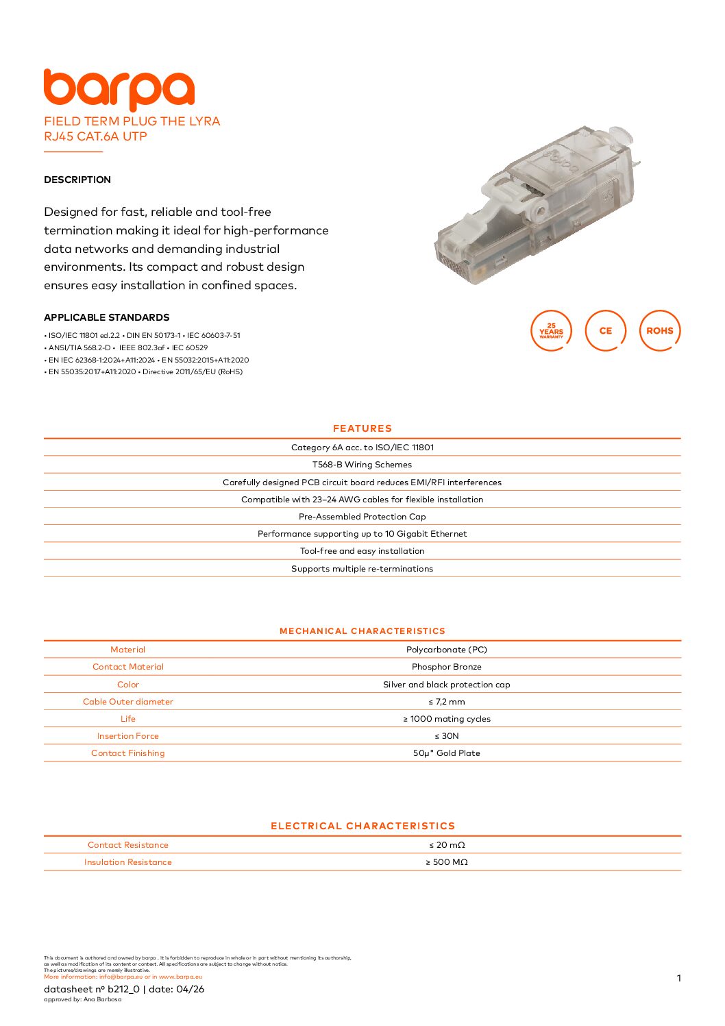 Field Term Plug The Lyra RJ45 Cat.6A UTP - Datasheet