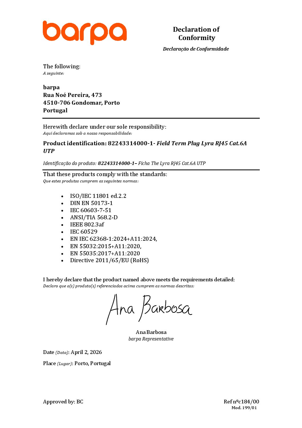 Field Term Plug The Lyra RJ45 Cat.6A UTP - Declaration of Conformity