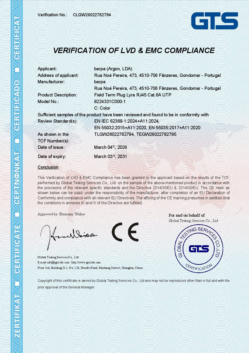 Field Term Plug The Lyra RJ45 Cat.6A UTP - Verification of EMC & LVD compliance