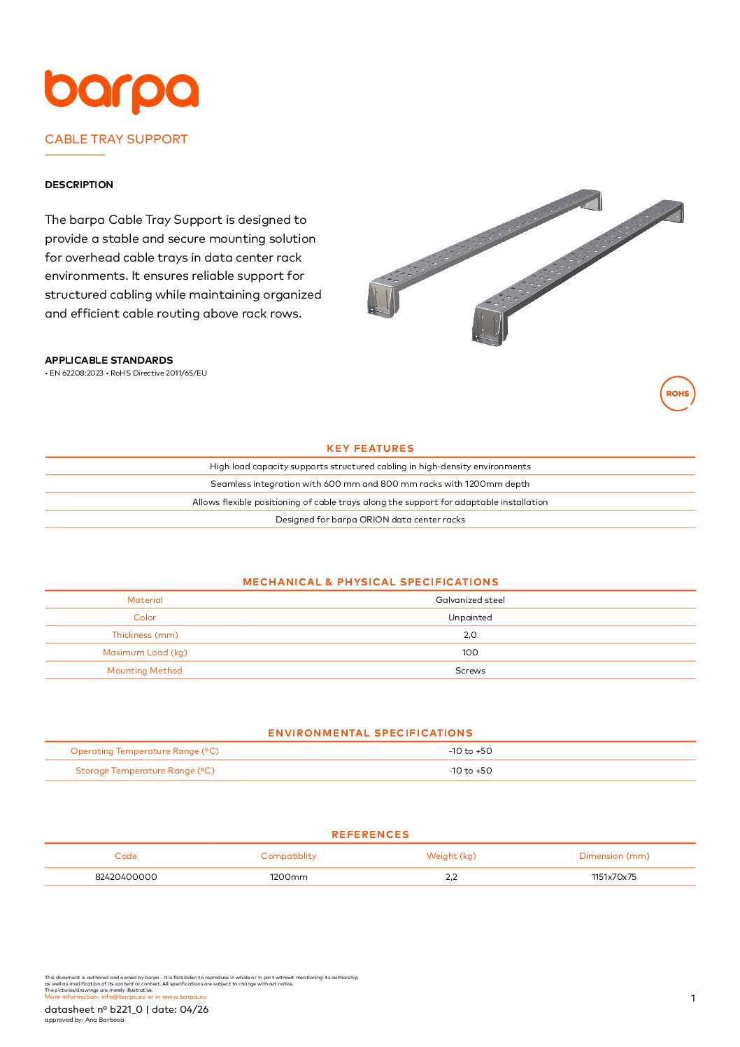 Cable Tray Support - Datasheet