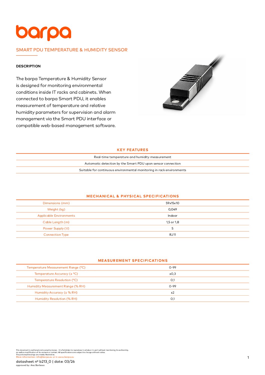 Smart PDU Temperature & Humidity Sensor - Datasheet