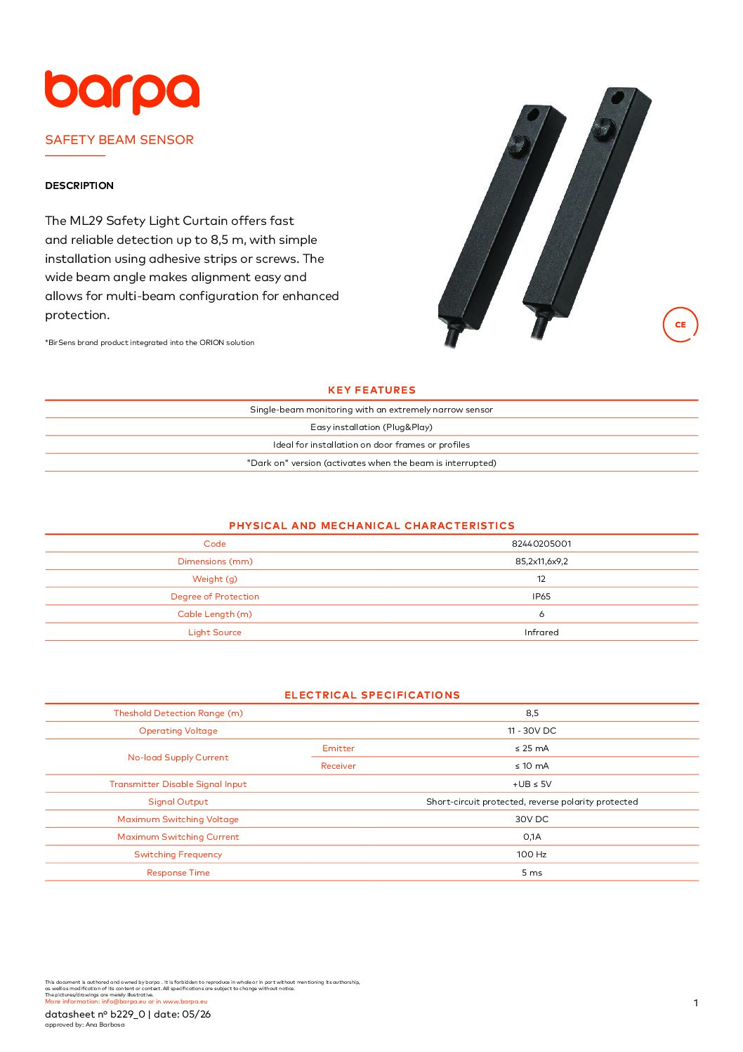 Safety Beam Sensor - Datasheet