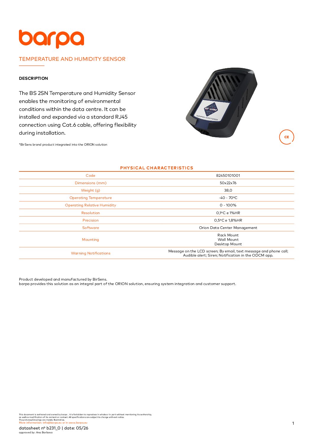 Temperature & Humidity Sensor - Datasheet