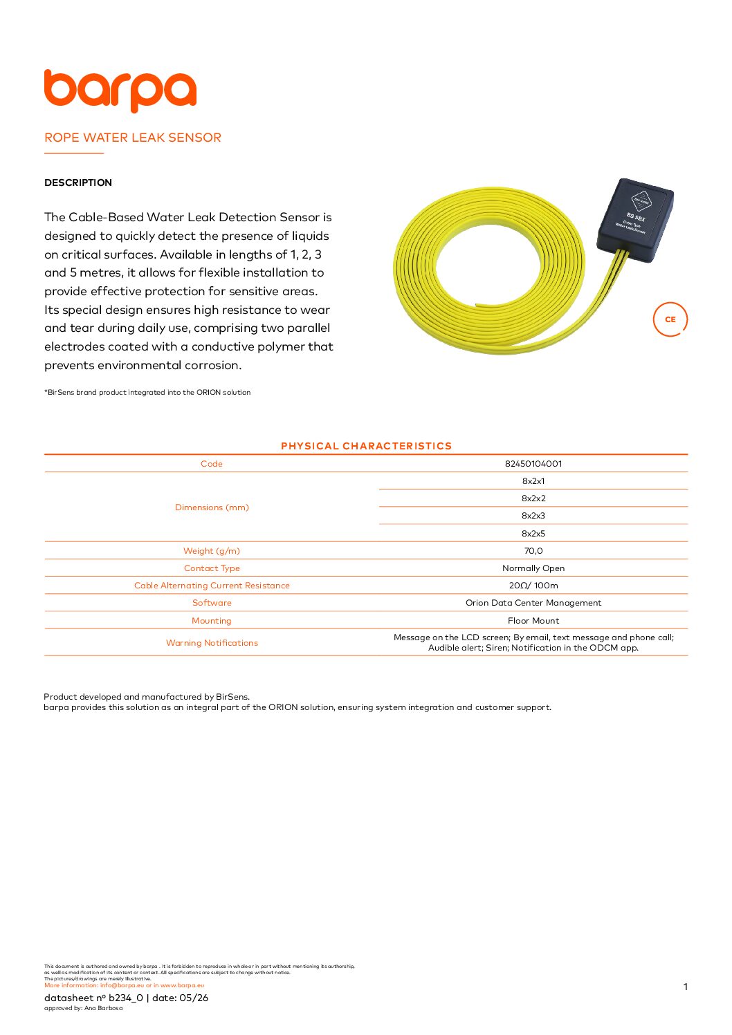 Rope Water Leak Sensor - Datasheet