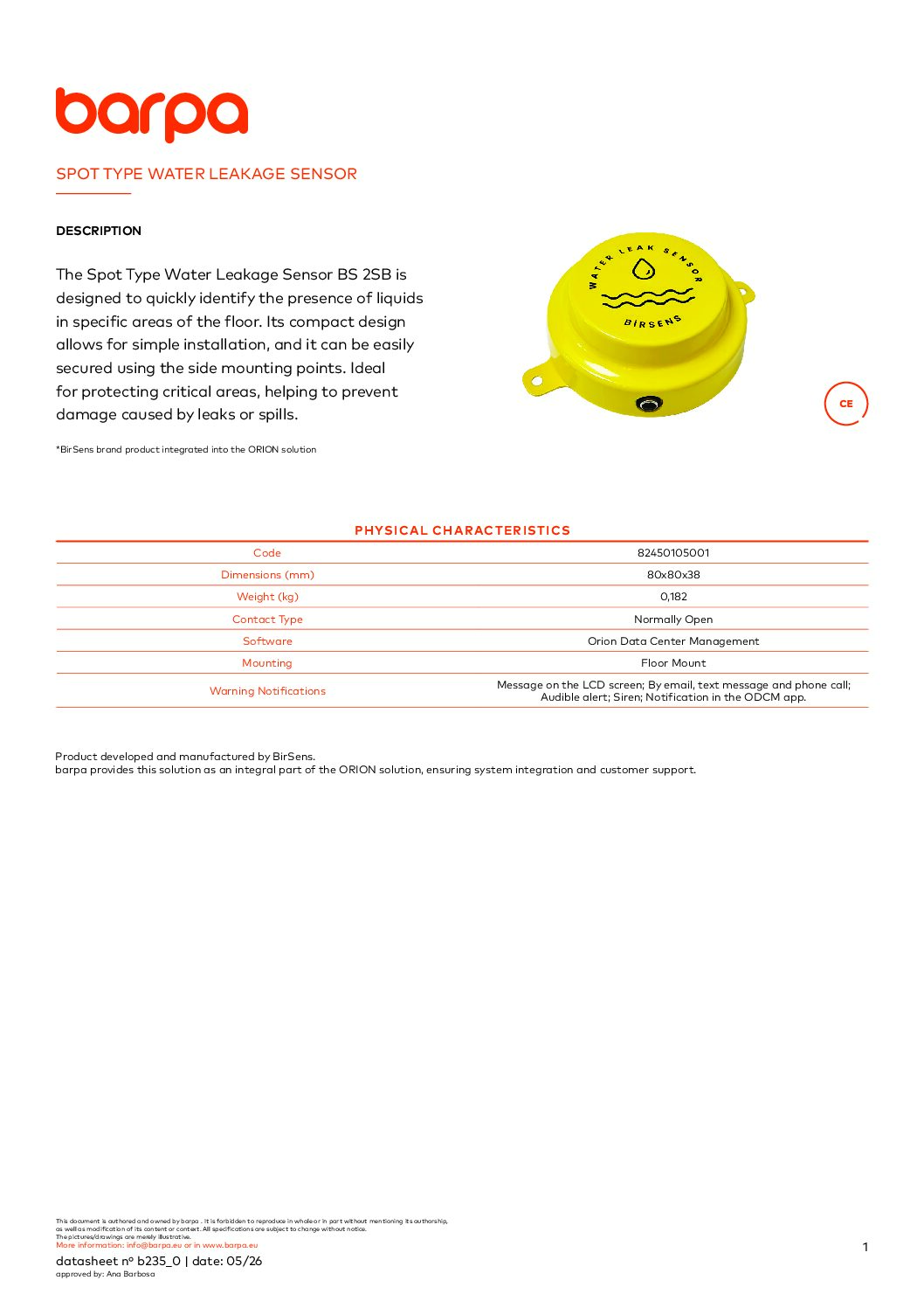 Spot Type Water Leak Sensor - Datasheet