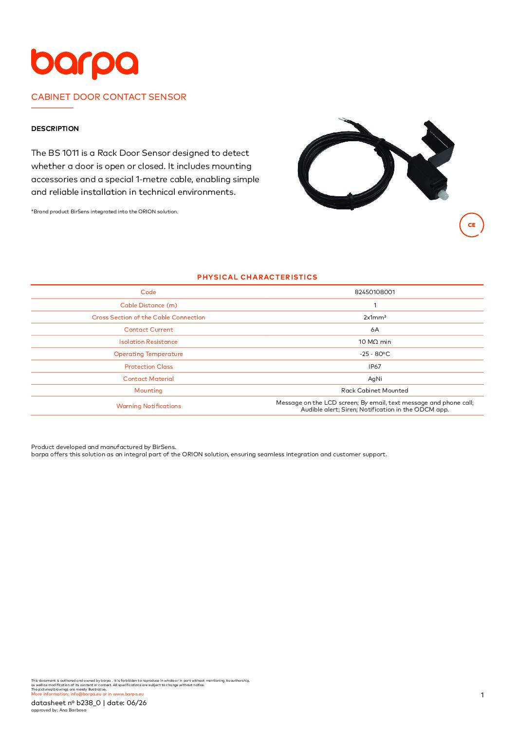 Cabinet Door Contact Sensor - Datasheet