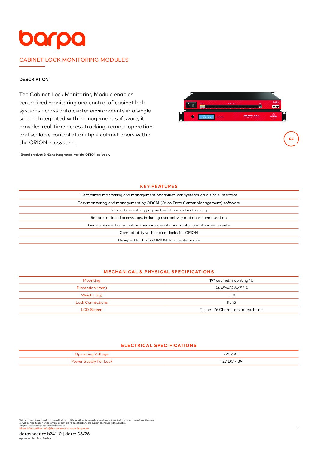 Cabinet Lock Monitoring Module - Datasheet