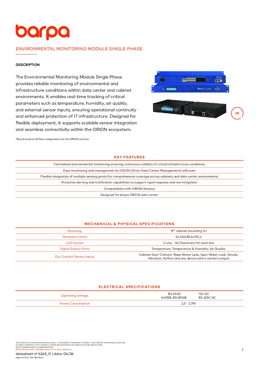 Environmental Monitoring Module Single Phase - Datasheet