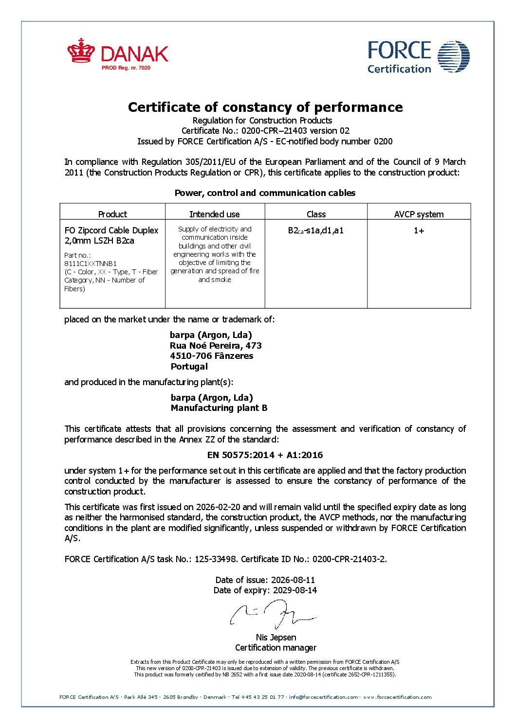 Zip-Cord Cable – LSZH - Certificate of Constancy of Performance - B2ca
